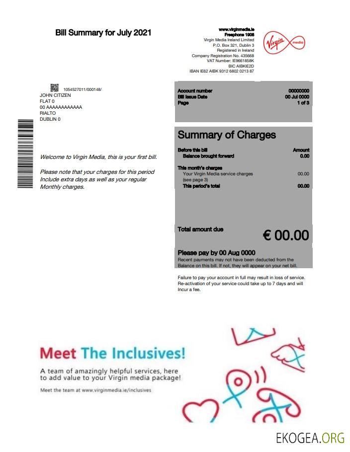 Ireland Virgin Media utility bill template in Word and PDF format, version 2